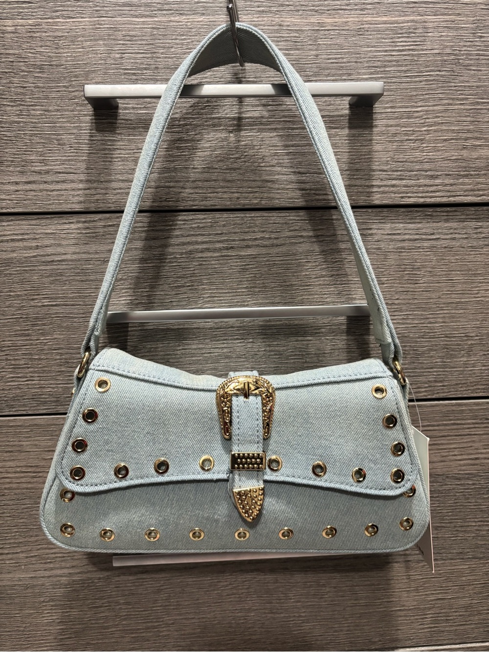 NWT Betsey Johnson Light Blue Denim Shoulder Bag with Gold Studs